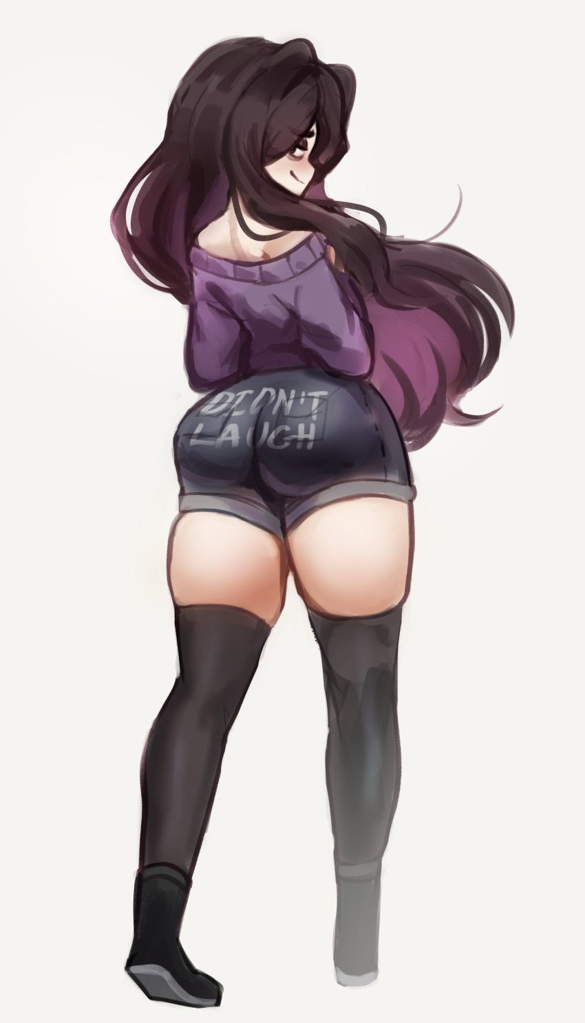 ass big_ass big_butt black_hair bottom_heavy denim_shorts eye_bags femboy girly goth huge_ass jean_shorts jorts large_ass long_hair looking_at_viewer looking_back male ms_pigtails original roland_bonhomme shirt shoes shorts simple_background skyguyart smile solo text thick_thighs thigh_squish thighhighs white_background