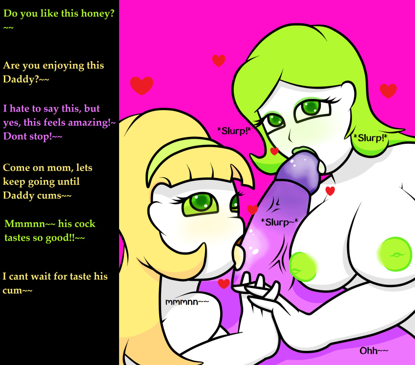 1boy 2girls 2girls1boy blonde_hair blowjob blush breasts candy_(zaftero) daughter dialogue father father_and_daughter female green_eyes green_hair green_sclera incest inverted_nipples licking licking_penis lipstick looking_at_viewer male mother mother_and_daughter nipples oral oral_sex penis purple_skin saliva sofia_(zaftero) sucking sucking_penis tongue vein veins white_skin yellow_hair zaftero_(artist) ziro_(zaftero)