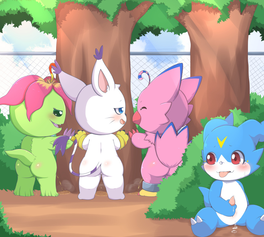 absurd_res anonymous_artist ass bandai_namco biyomon digimon digimon_(species) female gatomon genitals group hi_res hiding male masturbation palmon peeing penis plant pussy tree veemon