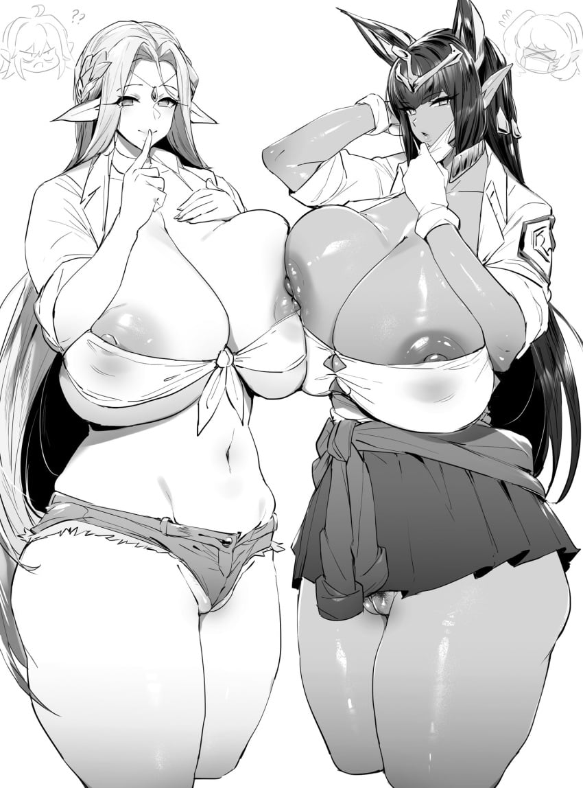 2girls alternate_costume big_breasts blunt_bangs cerestia_of_life cleavage curvy dark-skinned_female dark_hair dark_skin denim_shorts egyptian elf elf_ears elf_female female female_only female_pubic_hair hair_ornament huge_breasts last_origin long_hair looking_at_viewer mature_female midriff milf miniskirt monochrome nipple_slip nipples no_bra no_panties pale-skinned_female pale_skin pointy_ears pubic_hair pussy school_uniform sekhmet_of_death short_shorts slutty_outfit small_head thirty_8ght tied_shirt undersized_clothes