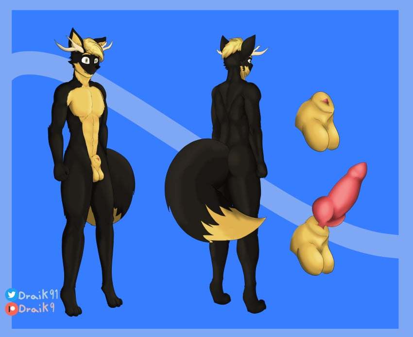 absurd_res animal_genitalia animal_humanoid animal_penis anthro antlers ass balls canid canine cervid digital_media_(artwork) draik erection fox fox_tail fur genitals hair hi_res horn humanoid knot male mammal model_sheet nude penis raffle_prize simple_background smile solo standing