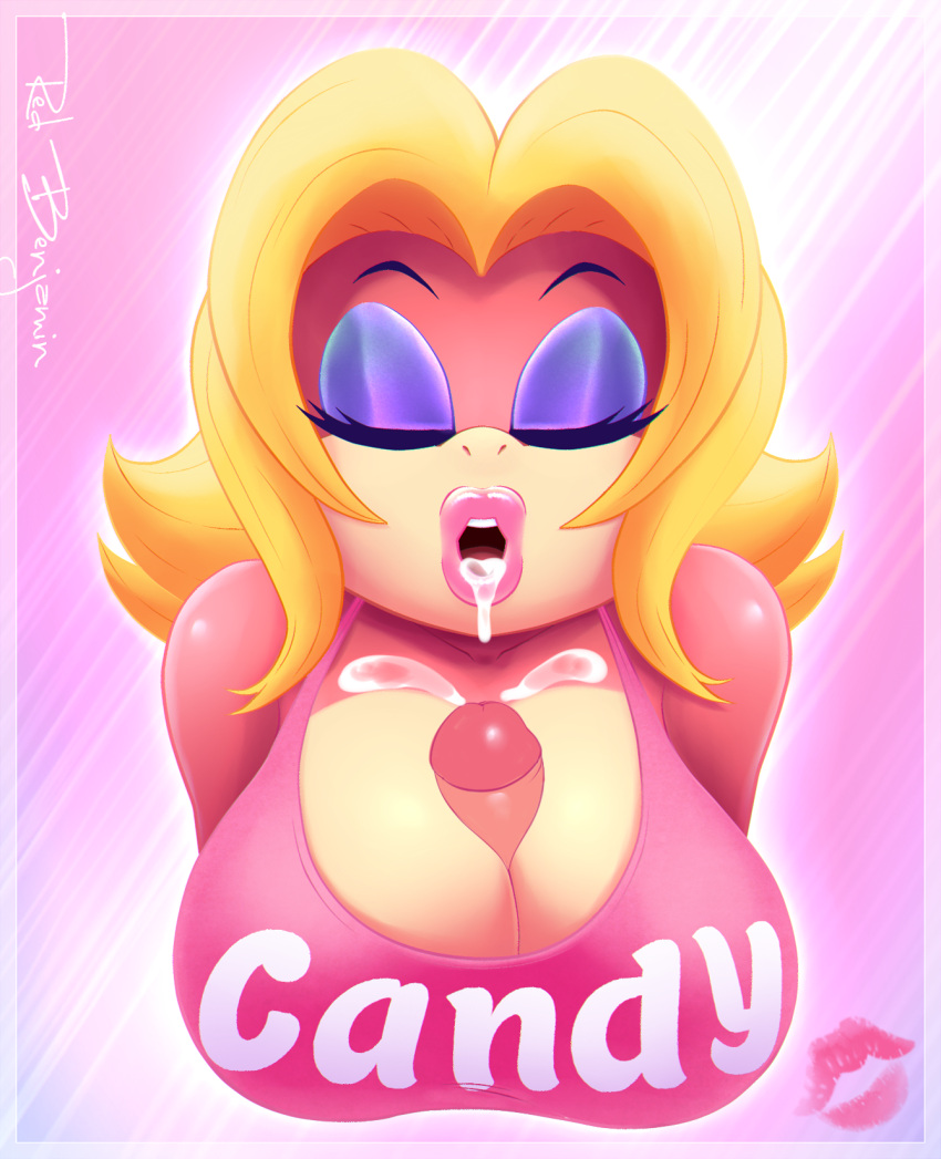 1girls anthro big_breasts blonde_hair bodily_fluids breasts bust_portrait candy_kong cleavage closed_eyes cock_hungry cum cum_in_mouth cum_on_breasts donkey_kong_(series) english_text female female_focus furry genital_fluids highres huge_breasts human kiss_mark large_breasts mammal nintendo open_mouth paizuri paizuri_under_clothes penis portrait primate puffy_lips redbenjamin text titfuck titfuck_under_clothes titjob