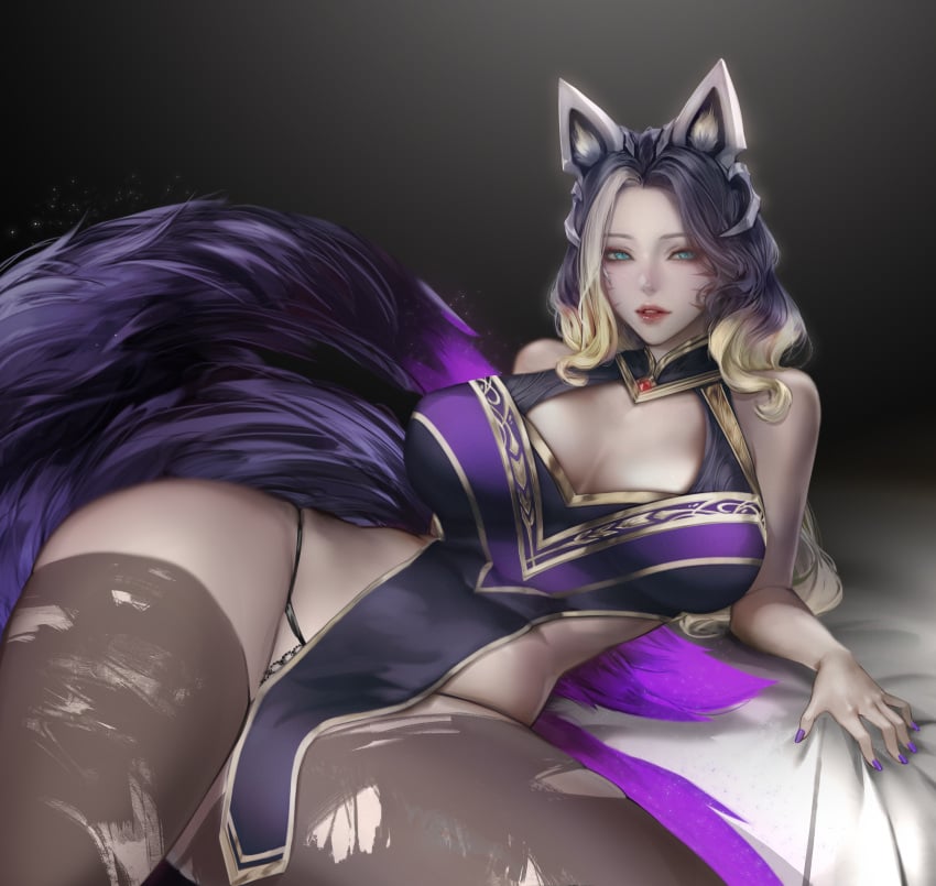 9_tails ahri animal_ear_fluff animal_ears animal_girl black_hair blonde_hair clothing coven_ahri eclipse_series eyelashes eyeliner eyeshadow facial_markings female fluffy fluffy_ears fluffy_tail fluffy_tails fox fox_ears fox_girl fox_tail furry_tail hair_over_one_eye humanoid inner_ear_fluff kemonomimi kitsune league_of_legends light-skinned_female light_skin lohel long_hair multicolored_hair multiple_tails nine_tailed_fox pale-skinned_female pale_skin riot_games tail teal_eyes uncensored vastaya video_games