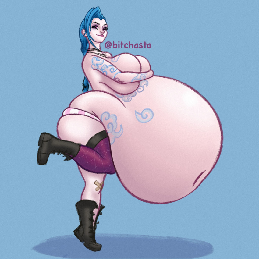 1girls ass belly belly_expansion big_ass big_belly big_breasts big_butt bitchasta blue_hair breasts butt covering_breasts expanded_belly expansion female female_only holding_breasts huge_belly huge_breasts jinx_(league_of_legends) league_of_legends obese overweight overweight_female panties solo_female weight_gain