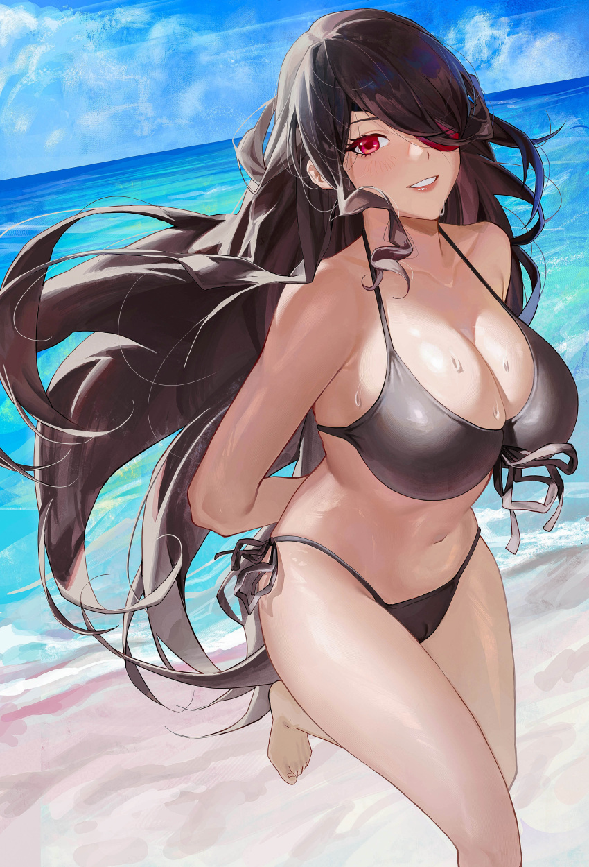 arms_behind_back barefoot beach beidou_(genshin_impact) big_breasts bikini black_bikini blush brown_hair busty cameltoe cleavage cozyu curvy eyepatch feet female female_only genshin_impact hi_res human large_breasts looking_at_viewer milf red_eyes smile sweat toes