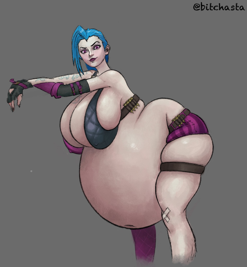 1girls belly belly_expansion big_belly big_breasts bitchasta blue_hair breasts expanded_belly expansion female female_only huge_belly huge_breasts jinx_(league_of_legends) league_of_legends nipple_bulge obese overweight overweight_female shorts skimpy solo_female tight_clothes voluptuous weight_gain