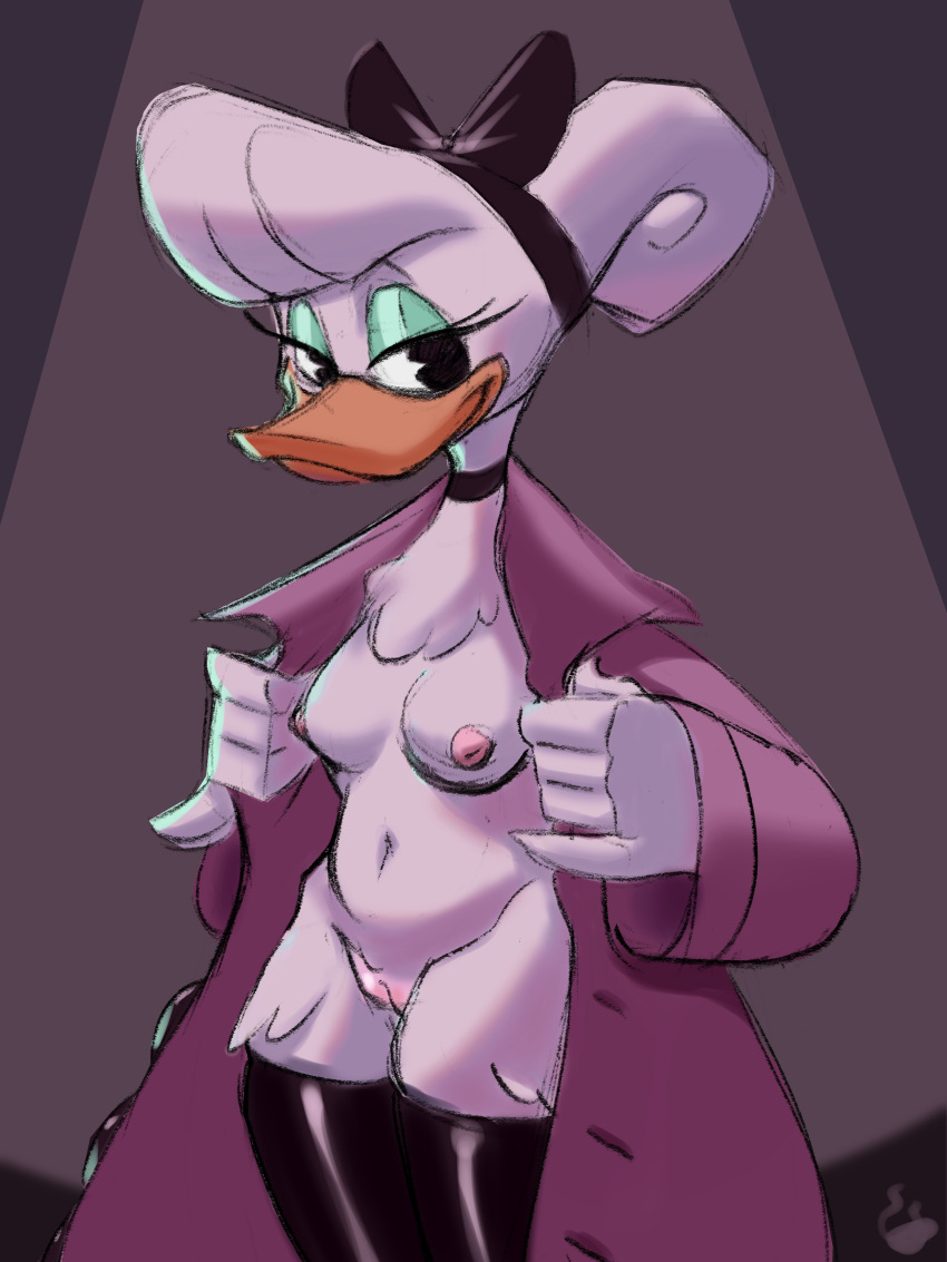 2022 absurd_res accessory anatid anseriform anthro avian beak bedroom_eyes bird breasts clothed clothing coat colored_sketch daisy_duck digital_media_(artwork) disney duck ducktales ducktales_(2017) feathers female genitals hair_accessory hair_ribbon hairbow hi_res legwear looking_at_viewer narrowed_eyes nipples non-mammal_breasts non-mammal_nipples open_clothing open_coat open_topwear pac-man_eyes partially_clothed portrait pussy ribbons seductive sketch smile soft_feathers solo teabro thigh_highs three-quarter_portrait topwear undressing white_body white_feathers