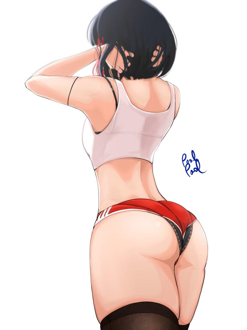 ass back bang_dream! black_bra black_hair black_panties bra crop_top from_behind hands_in_hair medium_hair mitake_ran panties poolpool red_shorts shirt shorts simple_background thighhighs underwear wedgie white_shirt