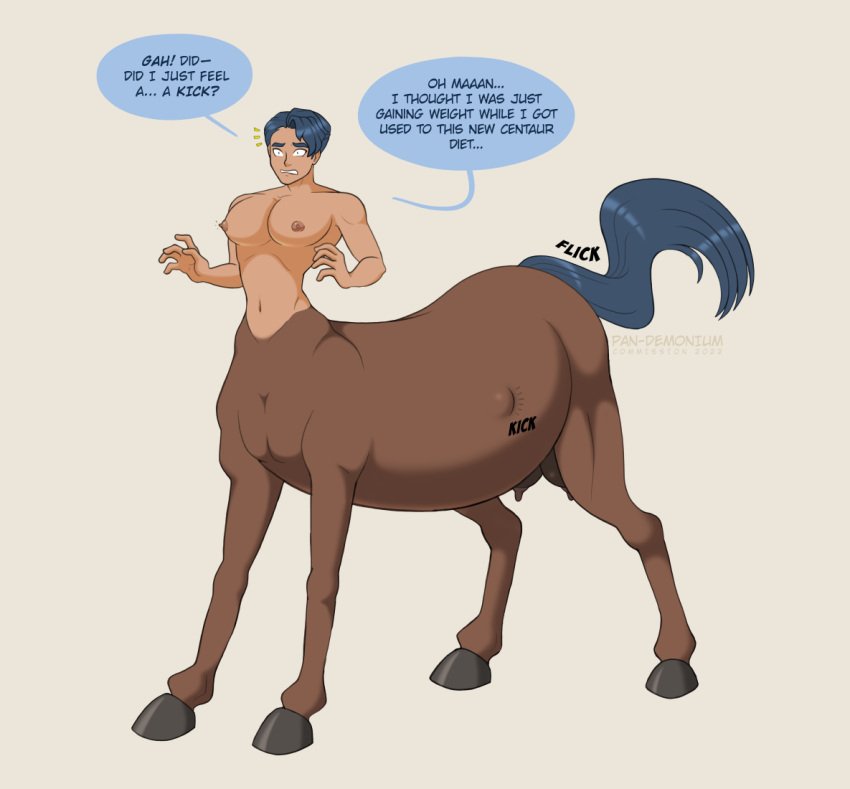 andromorph blue_hair breast_growth breasts centaur comic crotchboobs cuntboy dialogue equid equid_taur frankly-art growth hair humanoid humanoid_taur intersex male mammal mammal_taur navel nipples nude pecs pregnant pregnant_cuntboy pregnant_male solo speech_bubble taur