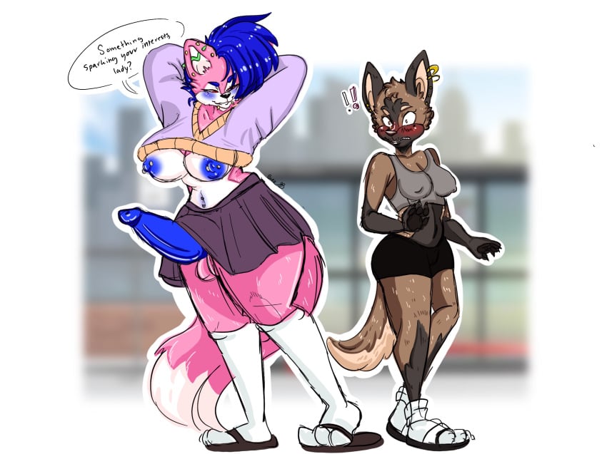 anthro areola balls big_breasts blue_hair blue_nipples breasts canid canine canis clothed clothing curvy_figure domestic_dog dominant dominant_intersex duo fan_character female genitals german_shepherd gynomorph hair herding_dog hi_res intersex intersex/female invalid_tag like-a-beee mammal minx_shepherd nipples pastoral_dog penis pink_body small_breasts taller_female thick_thighs wide_hips wolf yokko_wolf