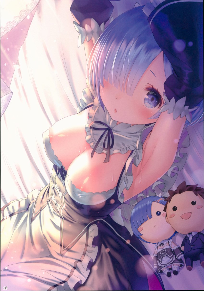 10s 1girls 2016 absurd_res apron areola_slip areolae armpits arms_up black_dress blue_eyes blue_hair blush breasts character_doll cleavage detached_sleeves dress frills hair_ornament hair_over_one_eye large_breasts looking_at_viewer lying maid maid_headdress matching_hair/eyes natsuki_subaru nipple_slip nipples on_back oni oni_female oni_girl re:zero_kara_hajimeru_isekai_seikatsu rem_(re:zero) ribbon short_hair smaller_version_at_source solo solo_female teenage_girl teenager x_hair_ornament yasuyuki