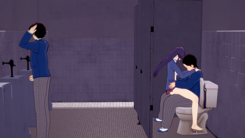 bathroom behind_another behind_door cheating komi-san_wa_komyushou_desu komi_shouko netorare open_clothes peeing public_restroom robotlover sitting_on_lap standing stealth_sex