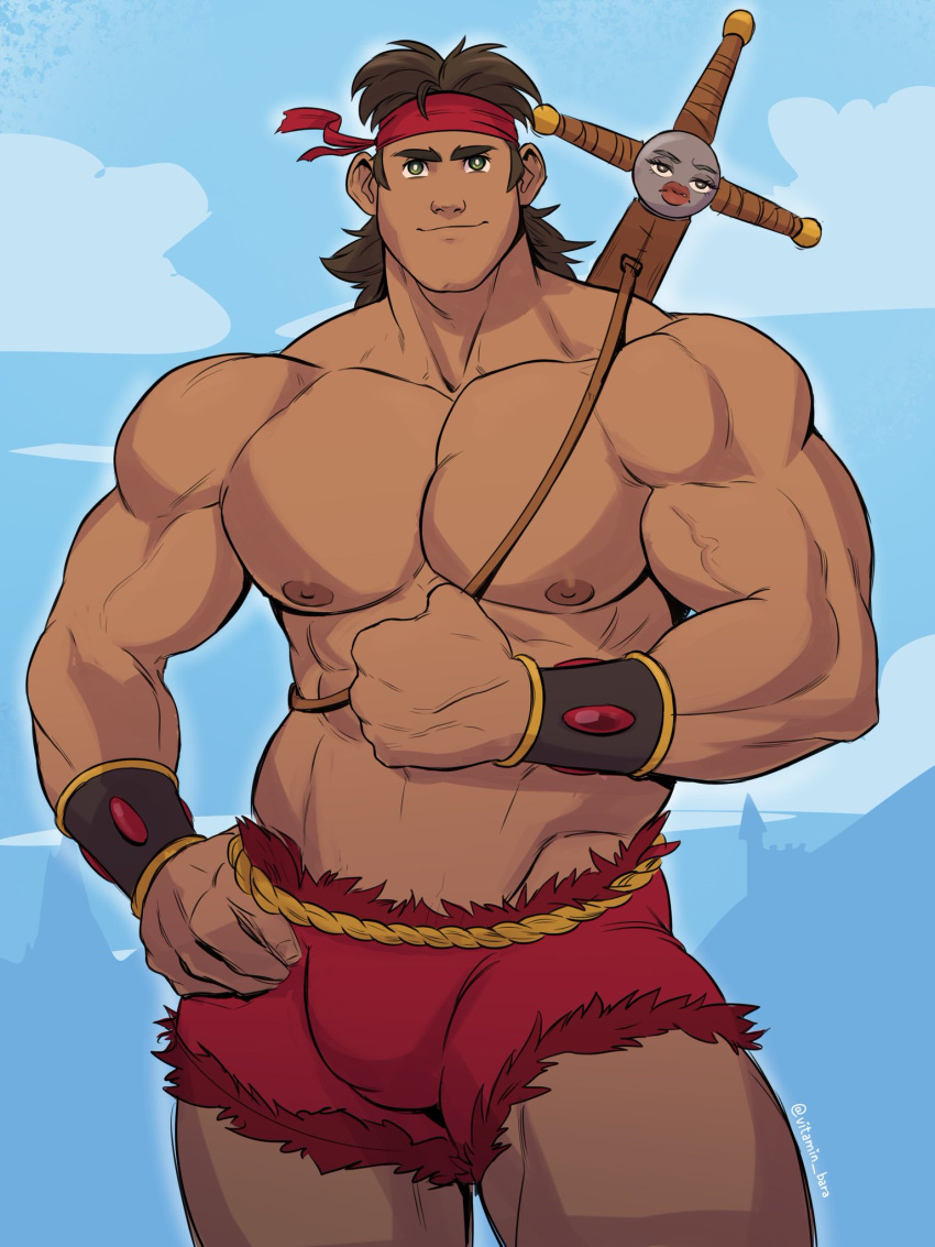 1boy 1boy1girl 1girls bara brown_hair dave_(dave_the_barbarian) dave_the_barbarian disney disney_channel green_eyes hand_on_hip lula_(dave_the_barbarian) male_focus nipples red_bandana shirtless sword tan_skin vein vitamin_bara