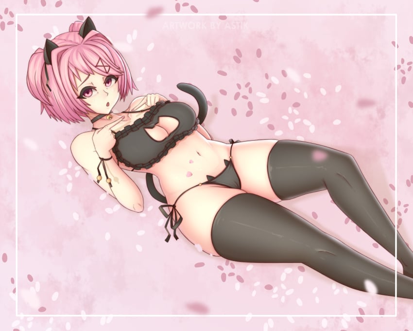 1girls animal_ears astlk bangs bell bell_collar black_panties blush bra breasts cat_cutout cat_ear_panties cat_ears cat_girl cat_keyhole_bra cat_lingerie cat_panties cat_tails cleavage cleavage_cutout collar cutout doki_doki_literature_club female hair_ornament large_breasts lingerie looking_at_viewer midriff natsuki_(doki_doki_literature_club) navel on_back open_mouth panties pink_eyes pink_hair short_hair side-tie_panties smile solo tail thigh_highs thighhighs thighs underwear