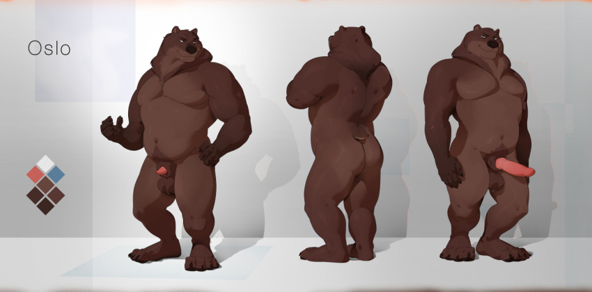 animal_genitalia bear big_penis blue_eyes boardwalkfogg brown_bear erection genitals grizzlygus half-erect large_dock male mammal model_sheet muscular oslo_(grizzlygus) penis penis_tip sheath solo ursine