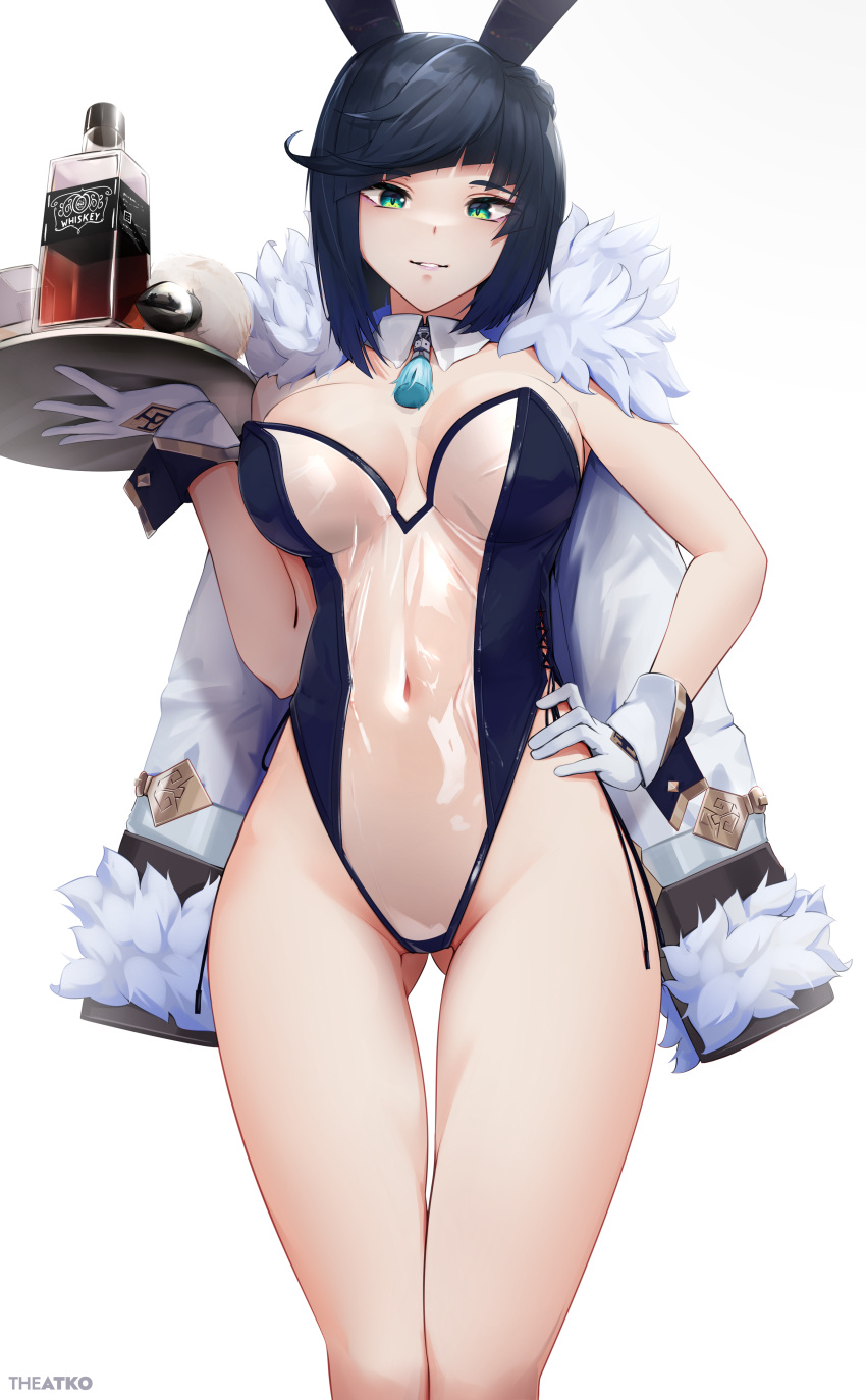 1girls absurd_res alcohol ass ass_visible_through_thighs bangs bare_legs belly_button big_breasts blue_hair blush braid breasts bunny_ears bunny_girl bunnysuit buttplug_tail cleavage coat collar dice female fur genshin_impact gloves green_eyes hand_on_hip hi_res highres hips huge_breasts large_breasts leotard looking_at_viewer midriff see-through serving_tray short_hair slim_waist small_waist smile solo standing tassel the_atko thick thick_thighs thigh_gap thighs transparent_bunnysuit waist waitress white_background wide_hips yelan_(genshin_impact)