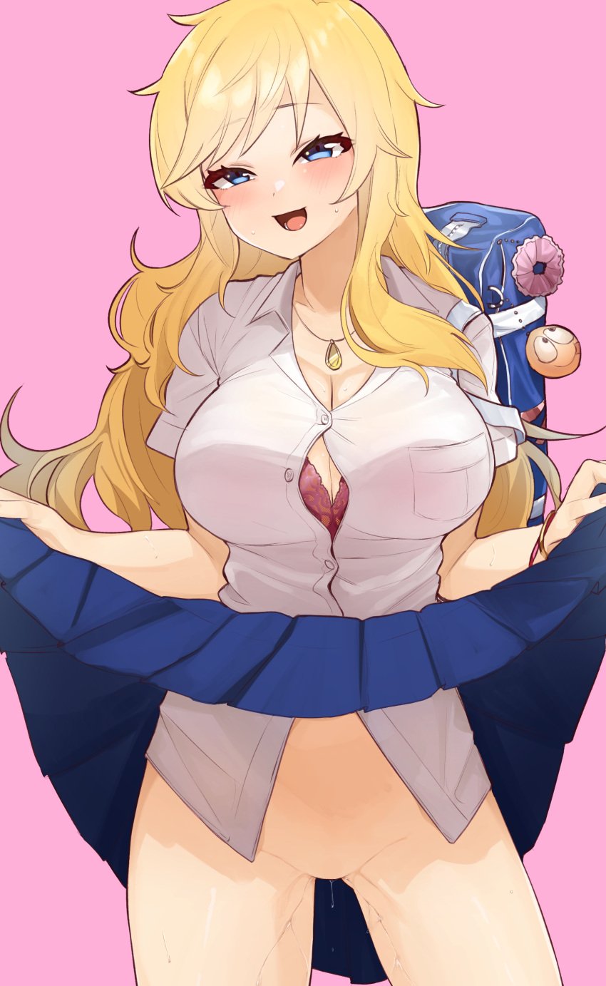 absurdres bag bangs black_bra blonde_hair blue_bag blue_skirt blush bra bracelet breast_pocket breasts cleavage clothes_lift commentary_request cowboy_shot dress_shirt eyebrows_visible_through_hair female grey_shirt highres idolmaster idolmaster_cinderella_girls jewelry large_breasts long_hair necklace no_panties ootsuki_yui pink_background pleated_skirt pocket pussy_juice school_uniform shiny shiny_hair shirt shirt_tucked_in short_sleeves simple_background skirt skirt_lift solo tongue umashio underwear