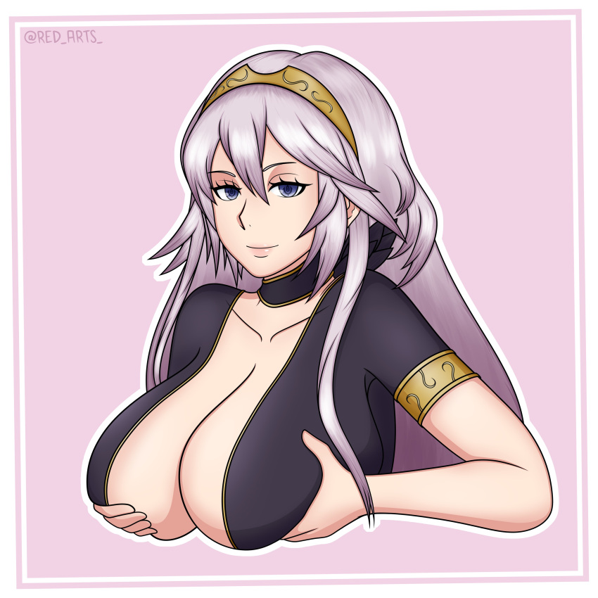 1girls alternate_breast_size alternate_color alternate_costume aversa_(fire_emblem)_(cosplay) big_breasts breast_hold breasts cleavage emblem)_(cosplay) female female_only fire_emblem fire_emblem_awakening grey_hair huge_breasts large_breasts long_hair looking_at_viewer lucina_(fire_emblem) nintendo red_arts smile solo tiara upper_body