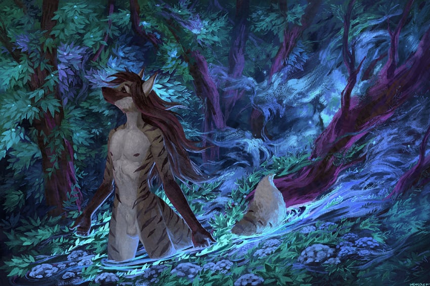 abstract_background animal_genitalia anthro balls brown_hair canid canine fully_sheathed fur genitals girly hair heron_stellanimus long_hair male mammal maned_wolf nipples nude sadnicole sheath solo striped_body striped_fur stripes