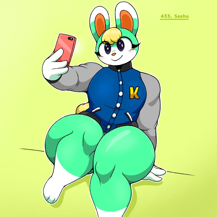 animal_crossing bottomless femboy fur male nintendo omegabrawl phone rabbit sasha_(animal_crossing) solo thick_thighs video_games wide_hips