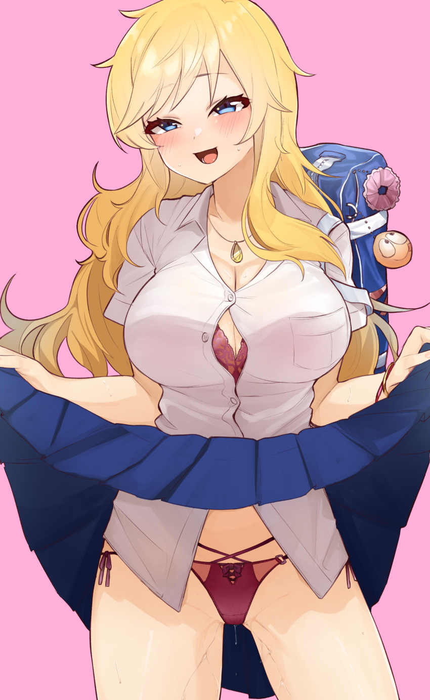 absurdres bag bangs black_bra blonde_hair blue_bag blue_skirt blush bra bracelet breast_pocket breasts cleavage clothes_lift cowboy_shot dress_shirt eyebrows_visible_through_hair female grey_shirt highres idolmaster idolmaster_cinderella_girls jewelry large_breasts long_hair necklace ootsuki_yui panties pink_background pleated_skirt pocket pussy_juice red_panties school_uniform shiny shiny_hair shirt shirt_tucked_in short_sleeves simple_background skirt skirt_lift solo tongue umashio underwear