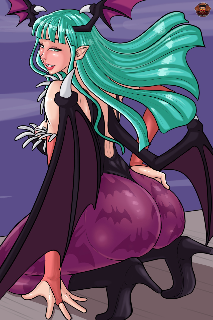 1girls alekerectsociety arm_sleeves ass bat_print capcom clothing darkstalkers demon_wings female female_only green_hair legs legs_together long_hair morrigan_aensland pantyhose pink_pantyhose small_breasts solo solo_female succubus wings