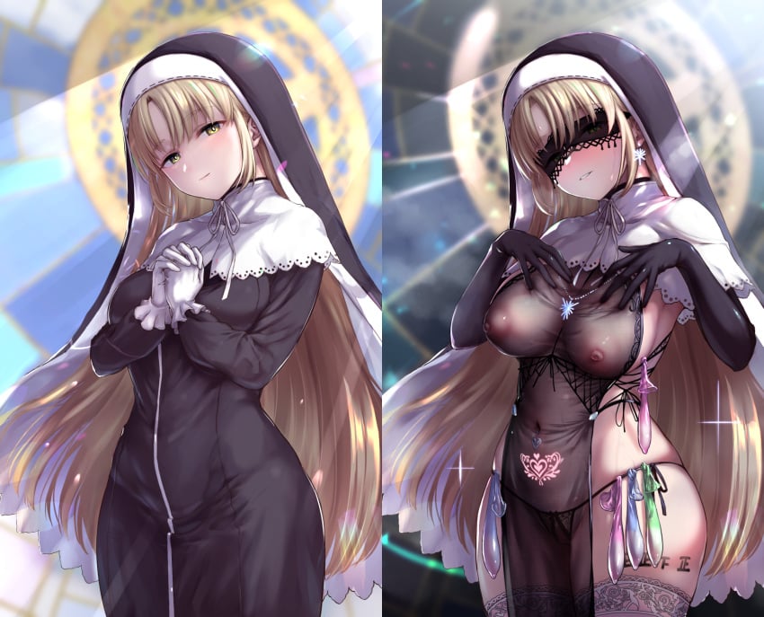 bangs before_and_after black_dress black_eyepatch black_gloves black_panties blindfold blonde_hair blurry blurry_background blush body_writing bodystocking breasts brown_eyes capelet censored closed_mouth condom condom_belt corruption covered_navel covered_nipples cowboy_shot crotchless crotchless_panties daishippai dress elbow_gloves eyebrows_visible_through_hair eyepatch female gloves groin habit half-closed_eyes hands_on_own_chest highres jewelry lace-trimmed_legwear lace_trim large_breasts light_brown_hair long_hair long_sleeves looking_at_viewer mosaic_censoring navel_piercing neck_ribbon necklace nijisanji nun nun's_habit own_hands_clasped own_hands_together panties parted_bangs parted_lips pelvic_curtain piercing pubic_tattoo pussy ribbon see-through see-through_clothing sister_cleaire skindentation slutty_outfit smile solo standing steam string_panties sweat tattoo thighhighs thong underwear used_condom very_long_hair virtual_youtuber white_capelet white_gloves white_legwear white_ribbon