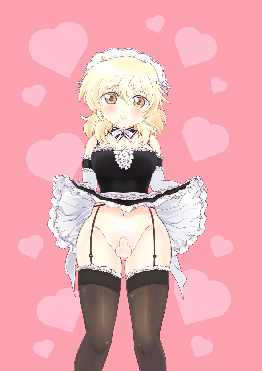 1futa bare_shoulders blonde_hair blush bottomless breasts brown_eyes clothed clothes_lift clothing commission commissioner_upload dard_drak elbow_gloves erection female foreskin futa_only futanari garter_belt garter_straps gloves hidamari_sketch human lifted_by_self light-skinned_futanari light_skin long_hair looking_at_viewer maid maid_headdress miyako mostly_clothed penis pink_background skirt skirt_lift small_penis smile solo standing testicles thighhighs