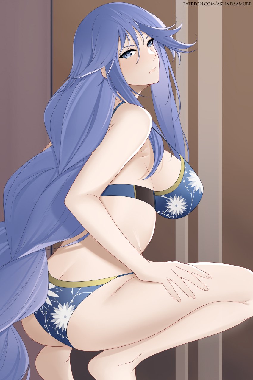 1girls aslindsamure ass ass_cleavage azur_lane bangs biloxi_(azur_lane) blue_eyes blue_hair bra bra_strap braid braided_hair braided_ponytail breasts butt_crack female female_focus female_only floral_print hand_on_leg lingerie long_hair looking_at_viewer looking_back panties sideboob solo solo_female solo_focus squatting very_long_hair