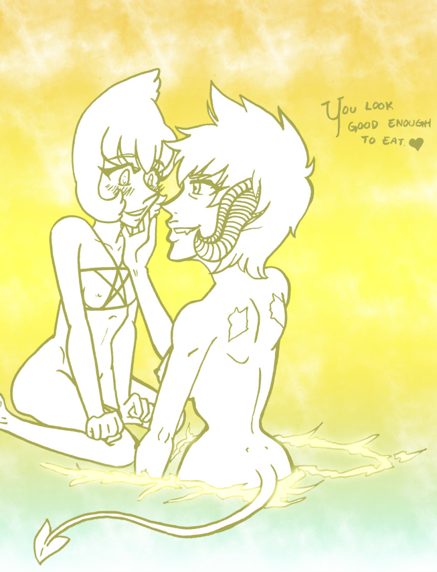 blush cartoon_network cute_fang demon_tail diamond_authority english_text female female_only gem_(species) harinezumiko kneeling monochrome nude short_hair small_breasts solo steven_universe yellow_diamond_(steven_universe) yellow_pearl_(steven_universe) yuri