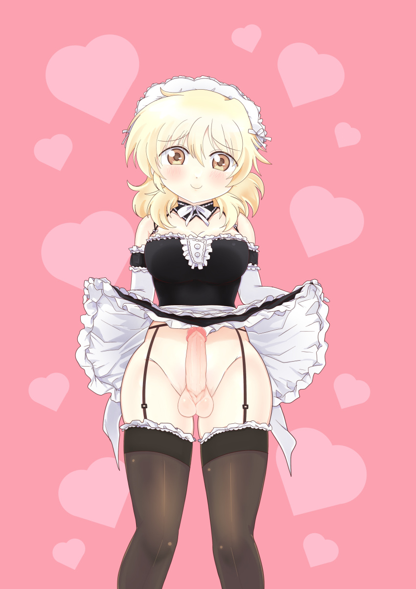 1futa bare_shoulders big_penis blonde_hair blush breasts brown_eyes clothed clothes_lift clothing commission commissioner_upload dard_drak elbow_gloves erection foreskin futa_only futanari garter_belt garter_straps gloves hidamari_sketch human large_penis lifted_by_self light-skinned_futanari light_skin long_hair looking_at_viewer maid maid_headdress miyako miyako_(hidamari_sketch) penis pink_background skirt skirt_lift smile solo standing testicles thighhighs