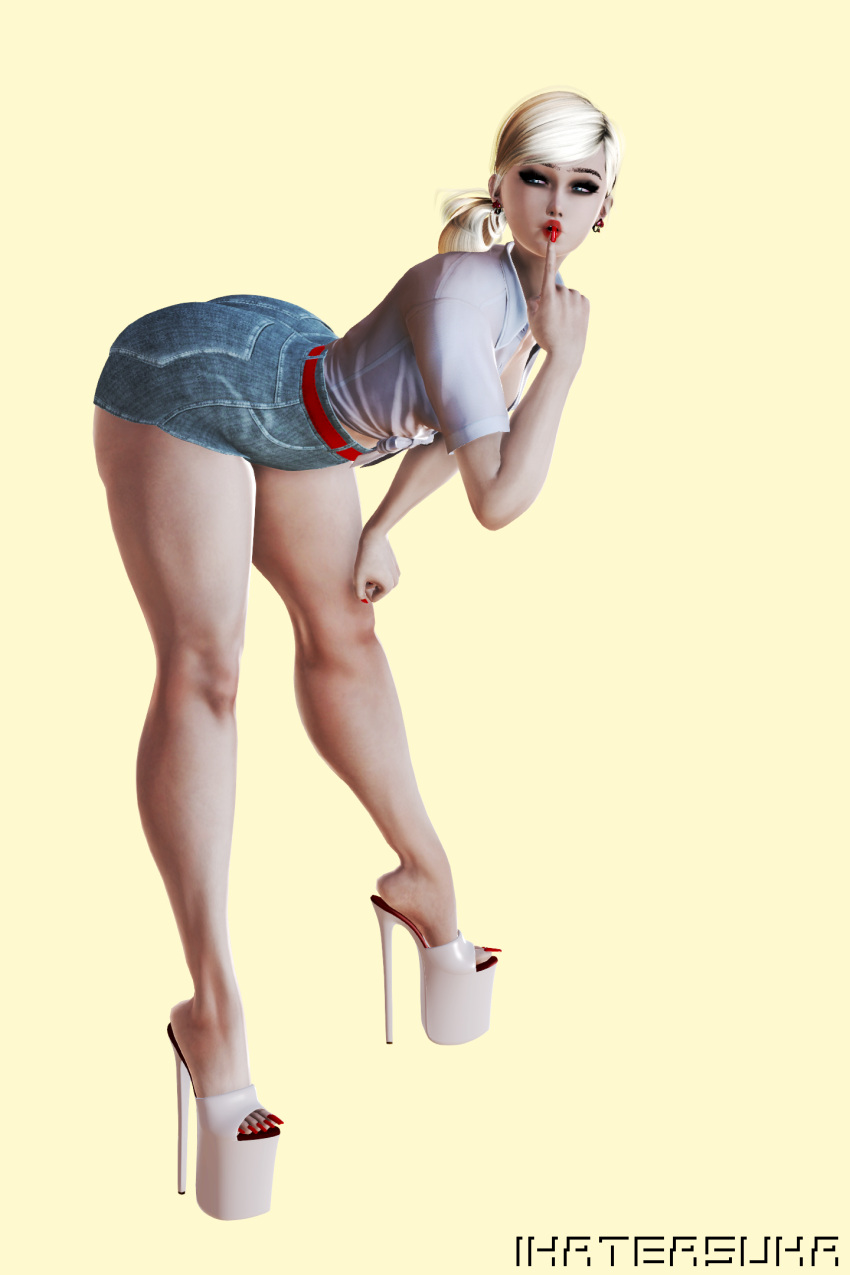 3d ass bending_over big_ass bimbo blonde_hair blonde_hair booty_shorts cute earrings high_heels honey_select ihateasuka long_legs long_nails long_toenails makeup original_character pinup platform_heels red_lipstick simple_background studio_neo thick_eyebrows