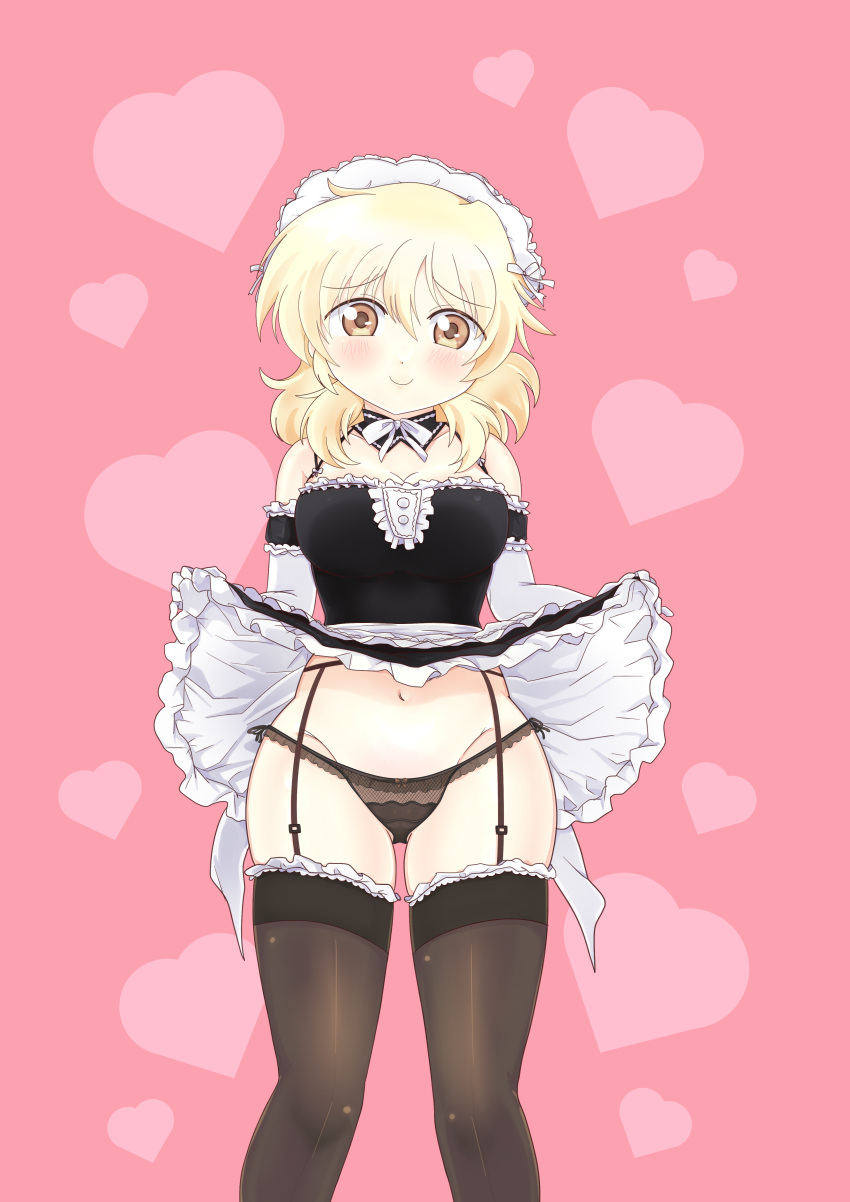 bare_shoulders black_panties blonde_hair blush brown_eyes clothes_lift commission commissioner_upload dard_drak elbow_gloves female gloves hidamari_sketch lifted_by_self long_hair looking_at_viewer maid maid_headdress miyako panties pink_background skirt skirt_lift smile solo thighhighs underwear