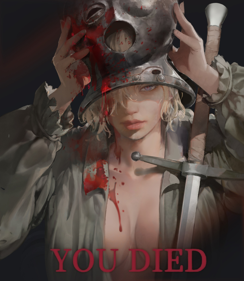 1girls 2022 2d big_breasts blonde_hair breasts cleavage elden_ring english_text estoc female female_only fromsoftware gameplay_mechanics light-skinned_female onacia painting_(artwork) prisoner_(elden_ring) tarnished text upper_body