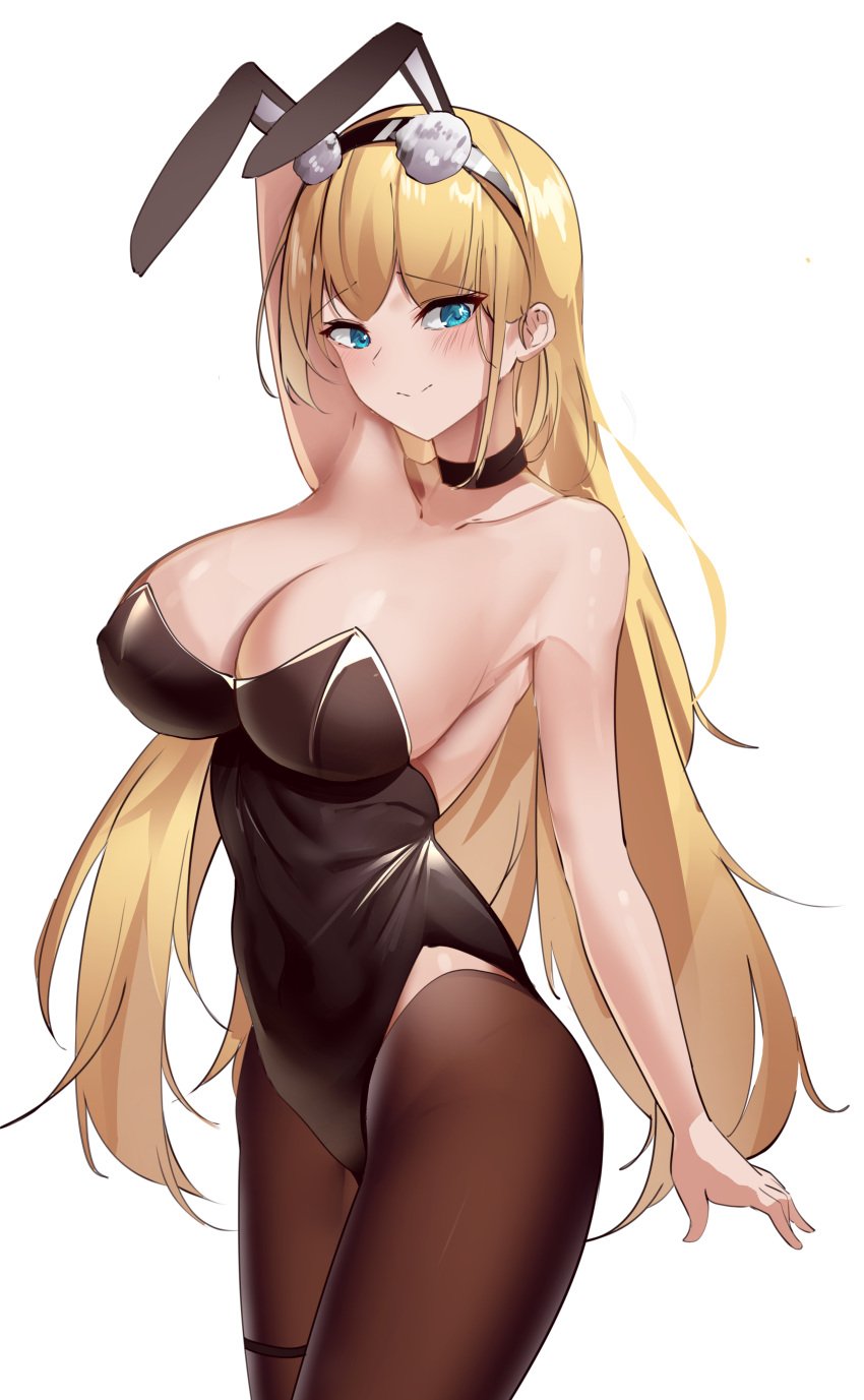 1girls absurdres animal_ears arm_behind_head arm_up armpits azur_lane bangs black_choker black_legwear black_leotard blonde_hair blue_eyes breasts bunny_ears choker cleavage collarbone commentary covered_nipples eyebrows_visible_through_hair fake_animal_ears female highres large_breasts leotard light-skinned_female light_skin long_hair looking_at_viewer maanu north_carolina_(azur_lane) north_carolina_(the_heart's_desire)_(azur_lane) official_alternate_costume pantyhose playboy_bunny simple_background smile solo strapless strapless_leotard white_background