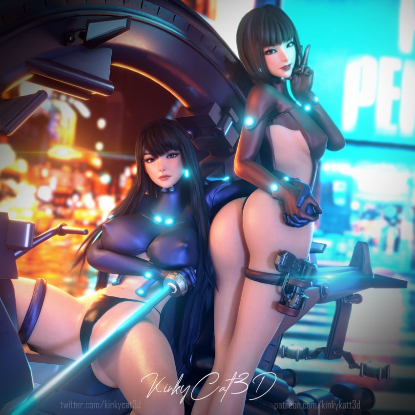 2girls asian_female big_breasts bodysuit city_background female female_only gantz gantz_suit kinkycat3d multiple_girls night peace_sign pinup sci-fi shimohira_reika skin_tight yamasaki_anzu