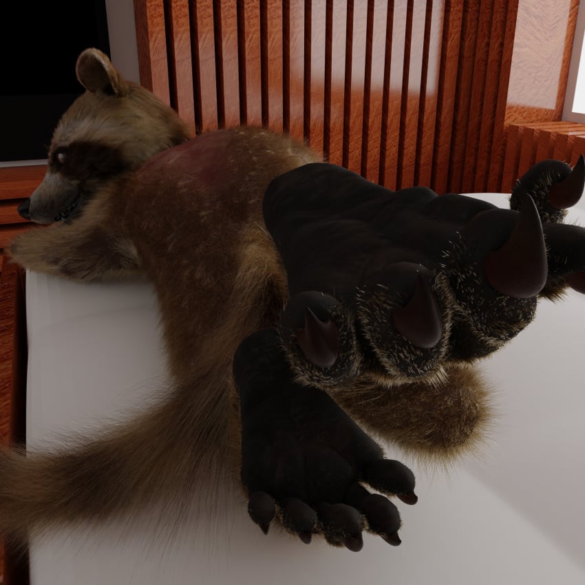 anthro bed blender_(software) brown_body brown_fur feet first_person_view foot_focus fur furniture guardians_of_the_galaxy hi_res looking_at_viewer lying lying_on_bed male male_only mammal marvel on_bed paws procyonid raccoon rocket_raccoon smile solo tawzy