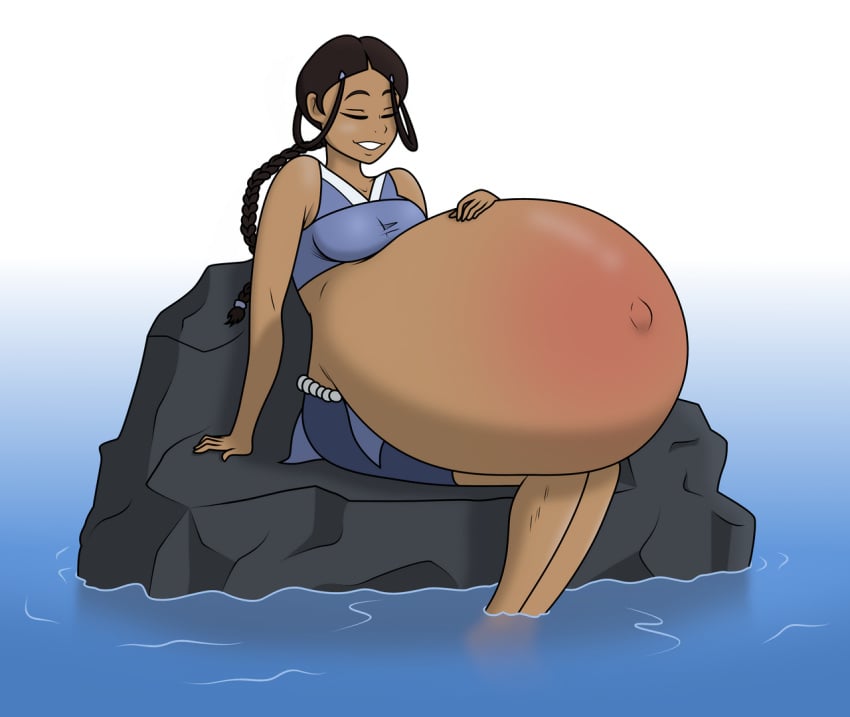 1girls avatar_the_last_airbender belly big_belly closed_eyes clothing dark-skinned_female dark_skin female female_only huge_belly hyper_pregnancy katara pregnant small_breasts solo_female thenypod4 water