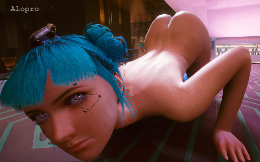 1girls aloprox ass blue_hair blue_moon_(cyberpunk_2077) cgi cyberpunk_2077 female female_only solo