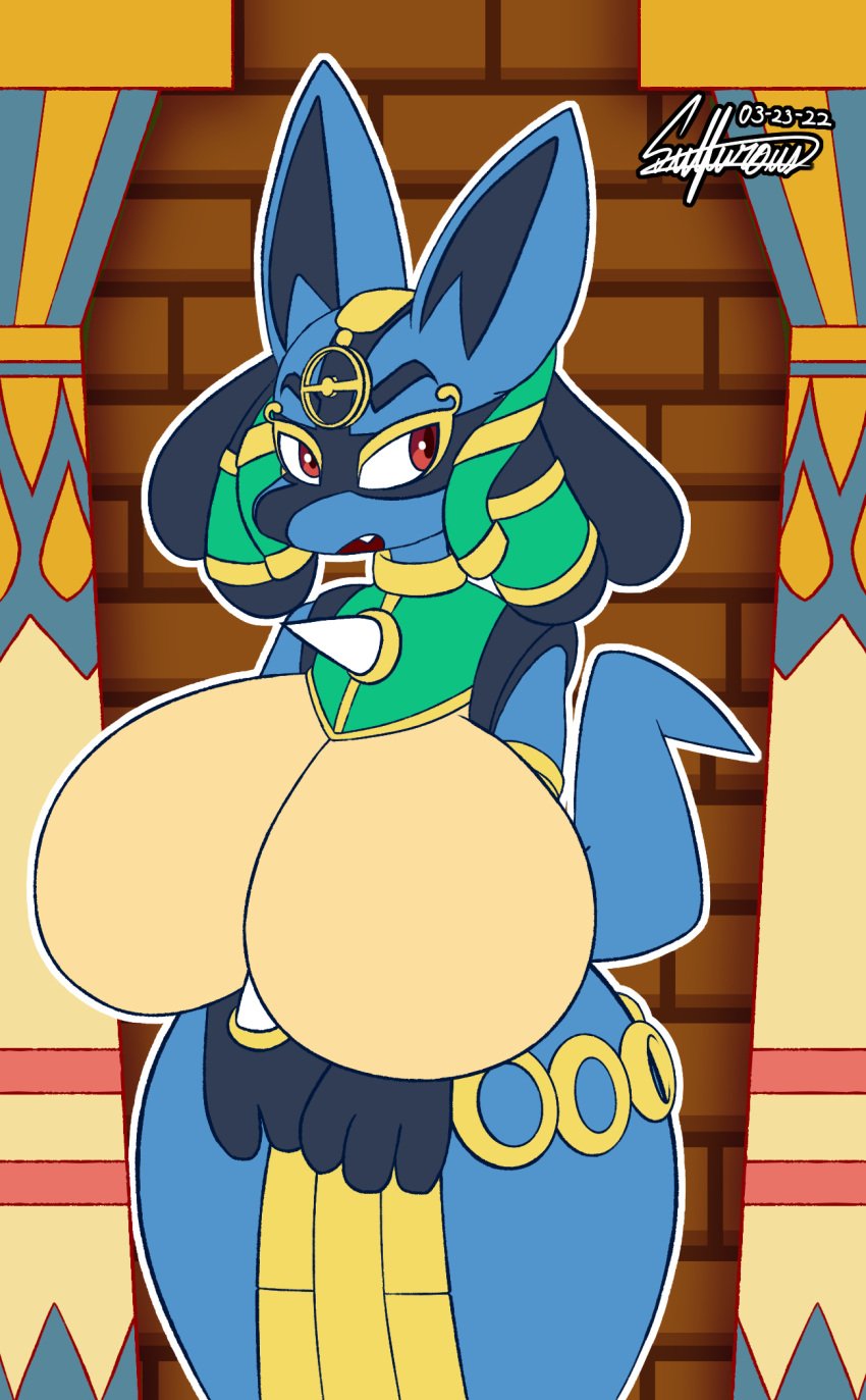 big_ears breasts cute_fang egyptian_mythology female female_lucario female_only ghostlyfoxy huge_breasts large_breasts lucario middle_eastern_mythology mythology nintendo pokémon_(species) pokemon pokemon_(species) pokemon_unite red_eyes ruins_style_lucario tagme tail thick_thighs