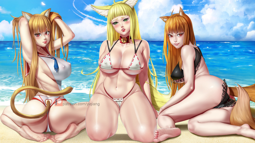 3girls animal_ears arms_up bangs barefoot beach bell_collar big_ass big_breasts bikini black_bikini blonde_hair blush brown_hair cat_ears cat_planet_cuties cat_tail catgirl cleavage crossover detailed_background dungeon_ni_deai_wo_motomeru_no_wa_machigatteiru_darou_ka eris_(asobi_ni_iku_yo!) eris_(cat_planet_cuties) female female_only fox_ears fox_girl fox_tail green_eyes haruhime holo kemono kneeling large_breasts light_brown_hair long_hair looking_at_viewer looking_back multiple_girls nipple_bulge on_side one-piece_swimsuit orange_hair outside realistic red_eyes sailor_collar sideboob sitting soles spice_and_wolf swimsuit thick_thighs underboob wariza white_bikini white_swimsuit wide_hips wolf_ears wolf_girl wolf_tail yiqiang