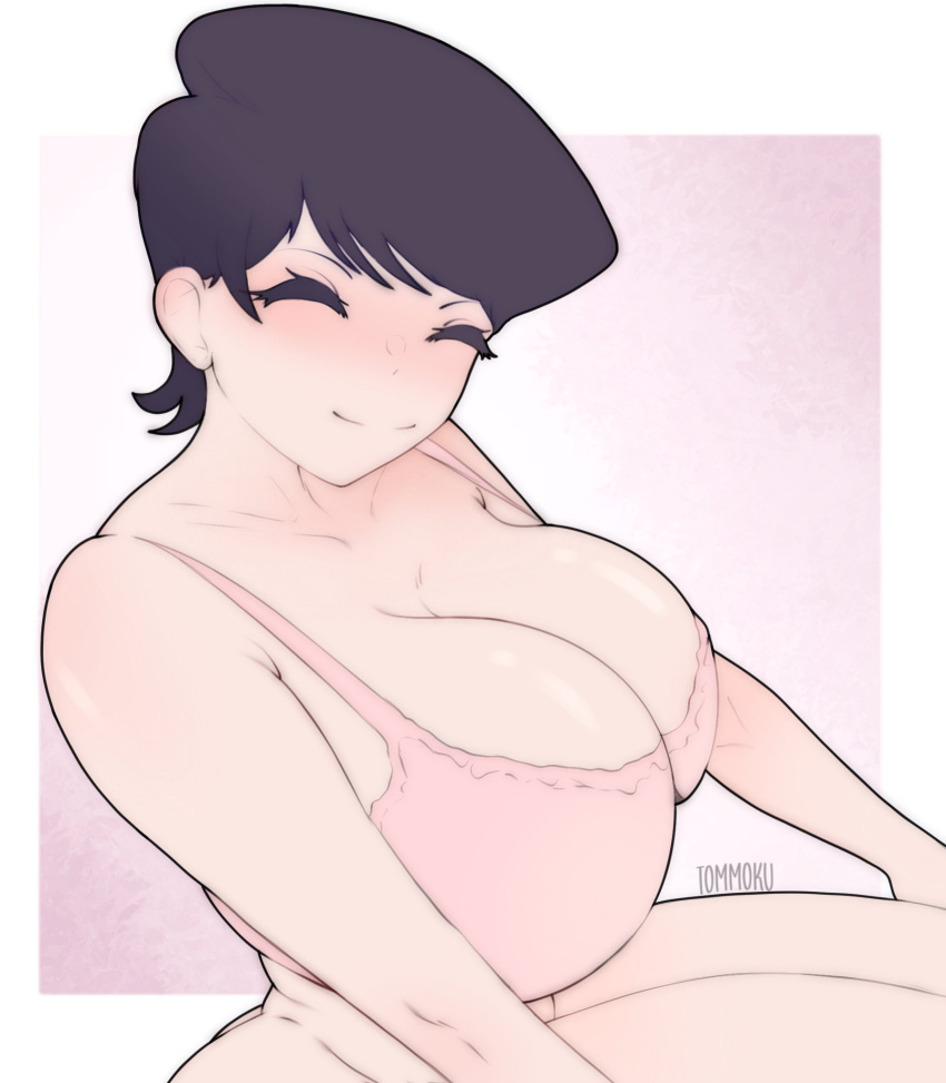 1girls alternate_version_available big_breasts bra breasts cleavage closed_eyes female female_only komi-san_wa_komyushou_desu komi_shuuko large_breasts mature_female milf short_hair smile solo solo_female thick tommoku voluptuous