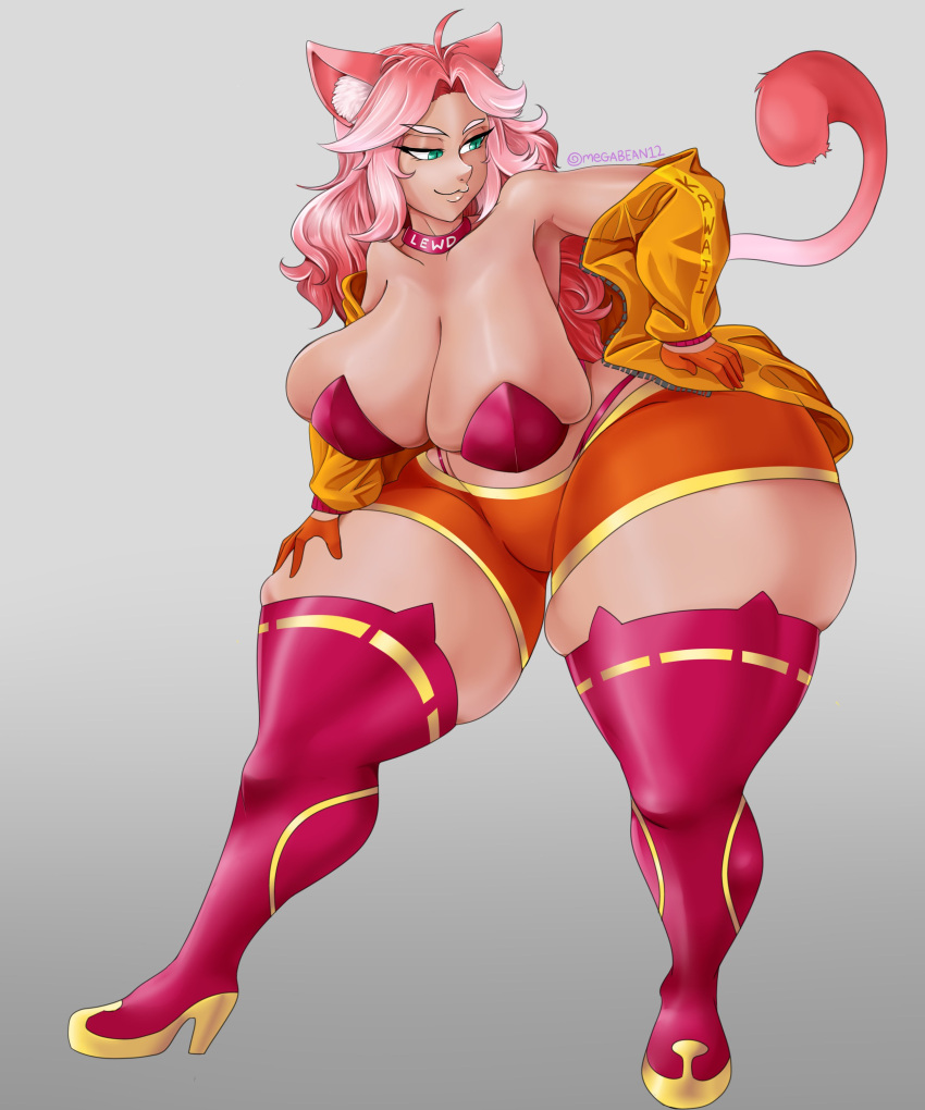 big_breasts bottom_heavy cat_ears cat_girl cat_tail collar gigantic_ass green_eyes huge_ass omegabean pink_hair seductive_look shorts