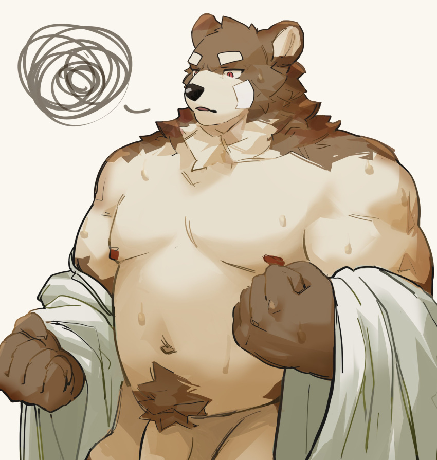 2022 absurd_res anthro belly big_belly black_nose brown_body clothed clothing genitals hi_res humanoid_hands itsrainingsome kemono male mammal moobs musclegut nipples open_clothing open_robe overweight overweight_male penis robe simple_background solo ursid