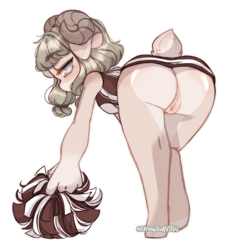 anthro ass bent_over big_butt bovid caprine ch4ng3 cheerleader clothed clothing english_text female genitals hi_res mammal no_underwear pom_poms pussy simple_background solo text white_background