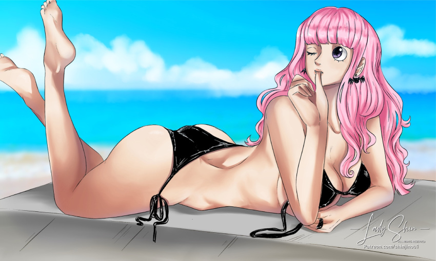 1girls barefoot bikini bikini_top_undone biting_finger curvy feet feet_up female female_only legs_up long_hair on_stomach one_piece perona pink_hair sea shinjinou solo the_pose water wink