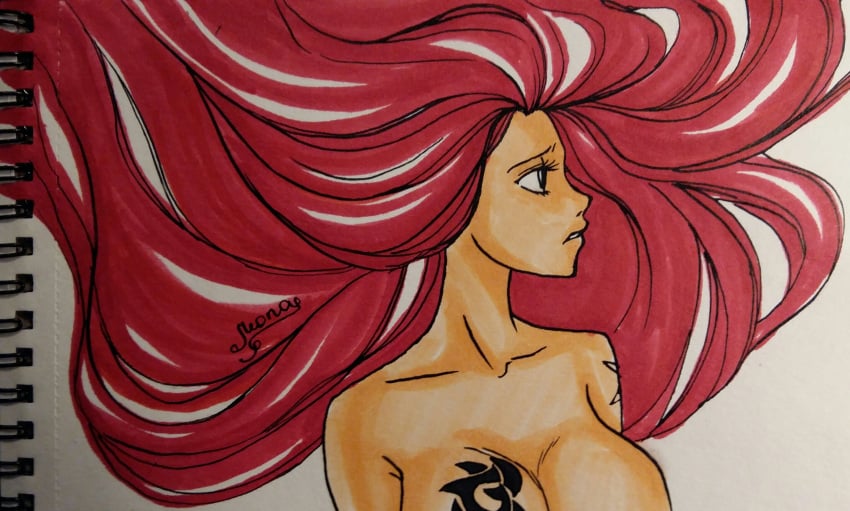 anastasia1312 fairy_tail flare_corona red_hair scan scan_artifacts tattoo_on_chest topless_female very_long_hair