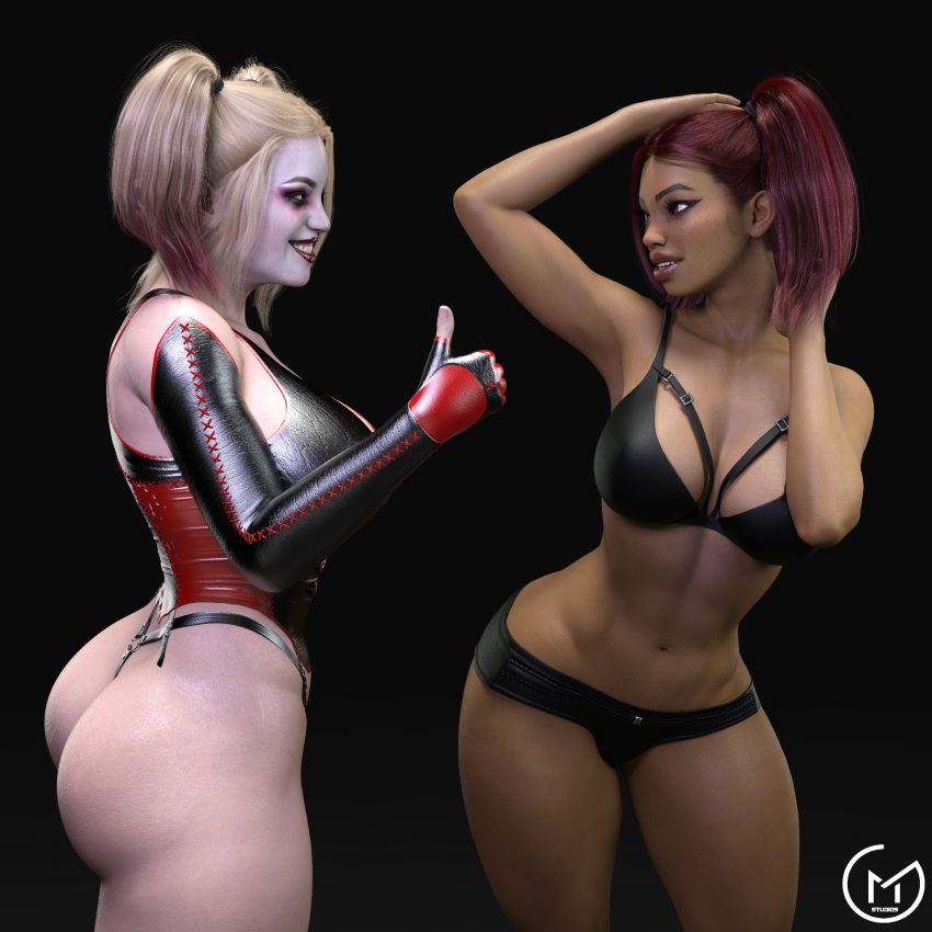 2girls 3d abs apex_legends ass ass_floss batman_(series) black_g-string black_panties black_thong black_underwear bloodrayne breasts cleavage dark-skinned_female dark_skin dc dc_comics female female_only g-string gm_studios harley_quinn harley_quinn_(injustice) hi_res high_waisted_thong injustice_2 large_ass large_breasts lifeline_(apex_legends) light-skinned_female light_skin panties rayne_(cosplay) skimpy skimpy_clothes skimpy_thong slutty_outfit thick_thighs thighs thong thong_panties thong_underwear thumbs_up underwear wide_hips