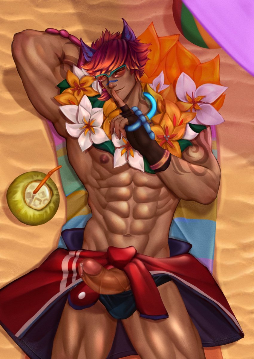 1boy abs animal_ears beach boso eight_pack erection finger_to_mouth fingerless_gloves league_of_legends lei looking_at_viewer male male_focus male_only multicolored_hair muscular muscular_male on_back penis penis_out pool_party_series pool_party_sett precum red-tinted_eyewear sett smile solo sunglasses swimwear tan_skin tattoo tattoos tinted_eyewear uncensored