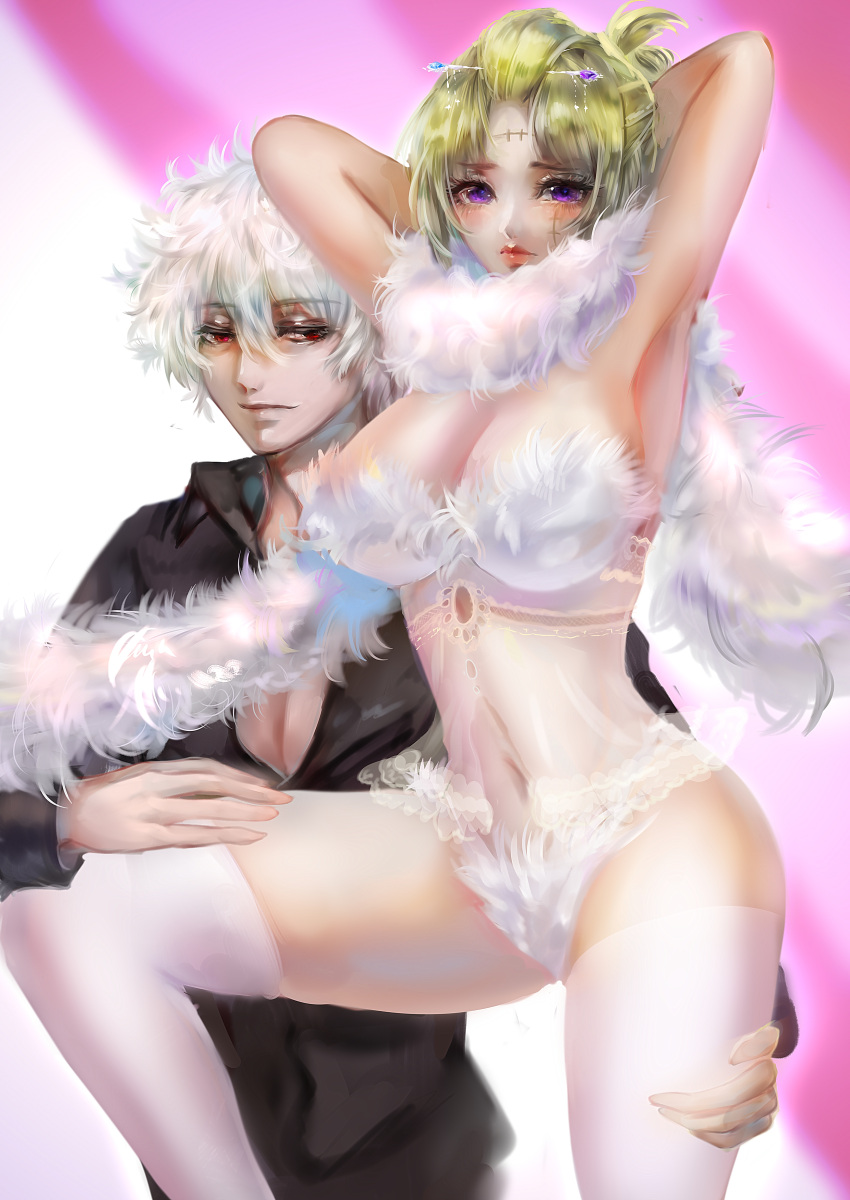 1boy 1girls alternate_costume armpit arms_up big_breasts blonde_female blonde_hair blush cleavage facial_scar female fur_collar fur_trim gintama gintoki_sakata hair_ornament hi_res lace lace_trim lingerie looking_at_viewer male purple_eyes red_eyes scar scarf thighhighs tied_hair tsukigime tsukuyo white_hair white_legwear white_thighhighs